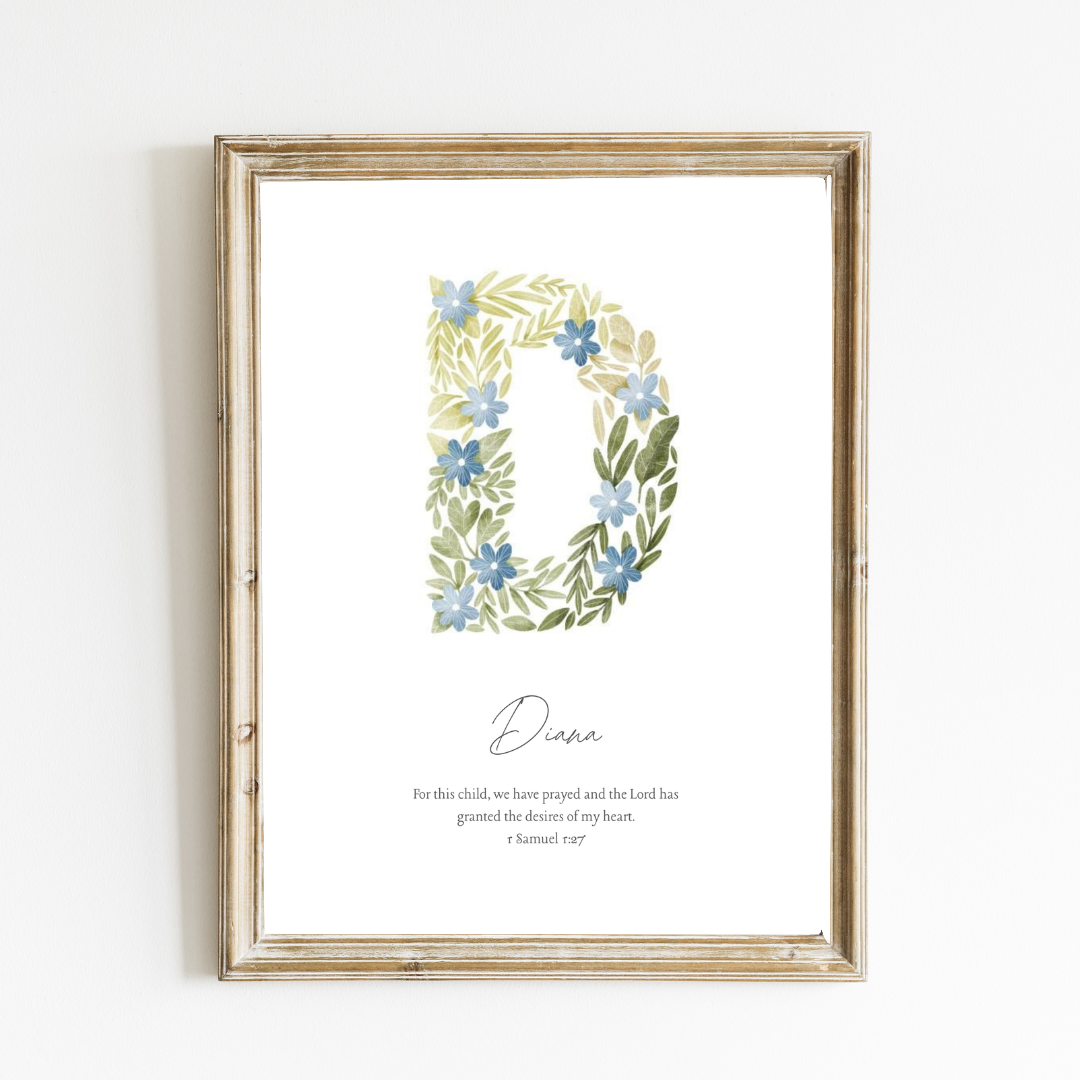 Personalized Name Art Print - Botanical Initial Print – Soft Sage