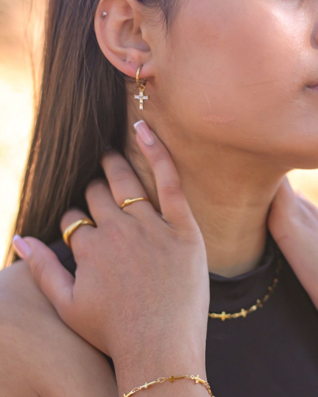 18k Gold Crystal Cross Huggies