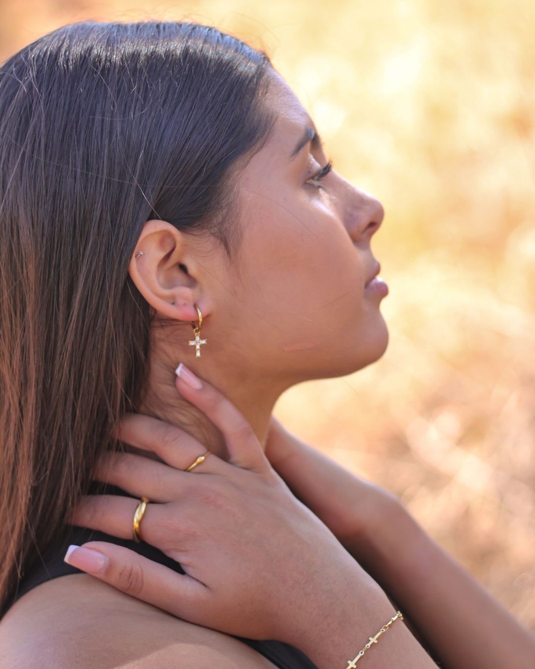 18k Gold Crystal Cross Huggies