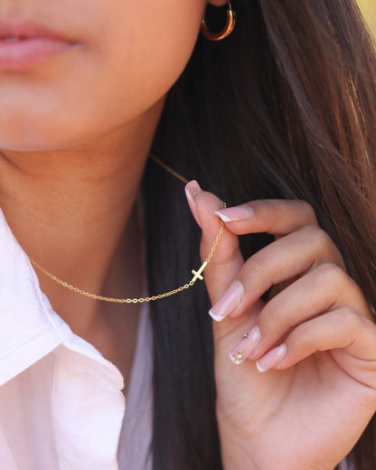Tiny Cross 18K Gold plated  Sideways Necklace 16 Inch