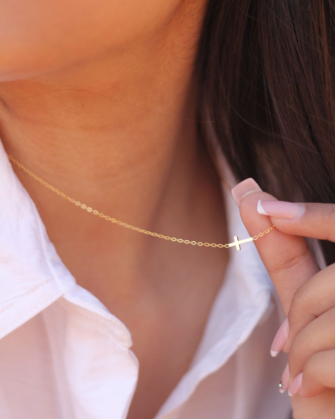 Tiny Cross 18K Gold plated  Sideways Necklace 16 Inch