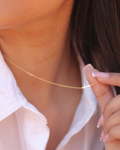 Tiny Cross 18K Gold plated  Sideways Necklace 16 Inch