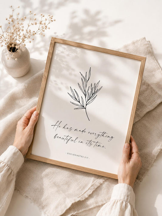 Beautiful in Its Time Ecclesiastes 3:11 English Christian art print with black botanical branch line art and script text on a white background