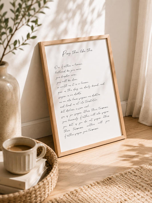 Daily Prayer English Christian art print featuring the Lord’s Prayer in black handwritten script on a white background
