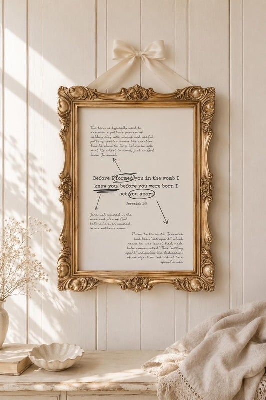 Before I Formed You Jeremiah 1:5 English Christian art print with black typography on a light background in an ornate gold frame