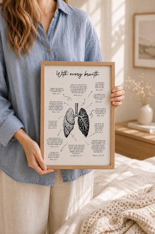 With Every Breath English Christian art print with a black anatomical lungs illustration, Scripture notes and arrows on a white background