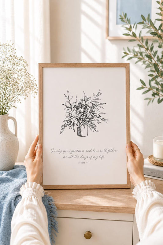 Goodness and Mercy Psalm 23:6 English Christian art print with a black floral bouquet illustration and Scripture text on a white background