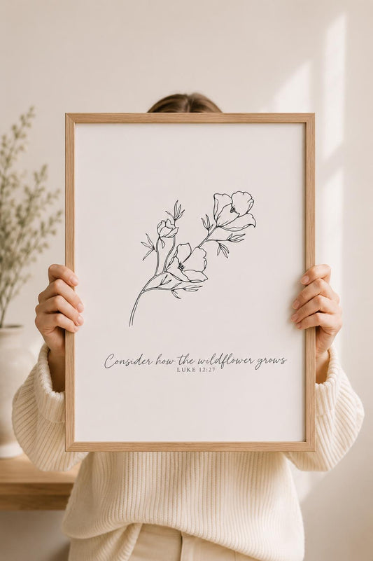 Consider the Wildflowers Luke 12:27 English Christian art print with black floral line art and Scripture text on a white background
