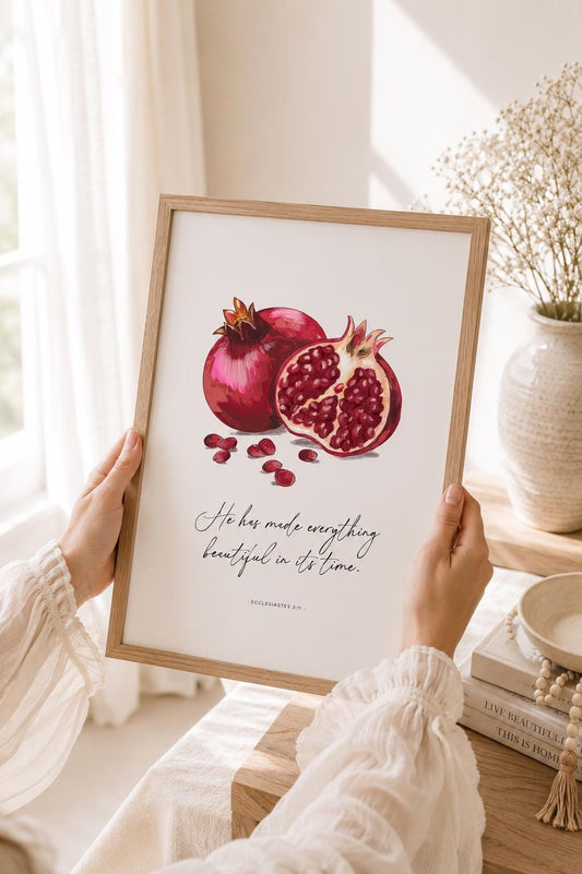 Beautiful in Its Time Ecclesiastes 3:11 English Christian art print with red pomegranate illustration and black script on white