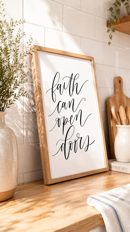 Faith Can Open Doors English Christian art print with black handwritten script on a white background