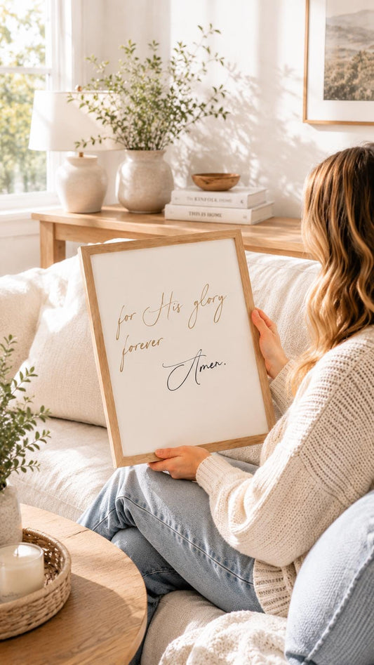 For His Glory Forever Amen English Christian art print with taupe handwritten script on a warm white background