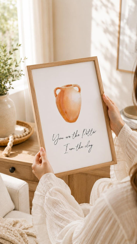 You Are the Potter I Am the Clay English Christian art print with ochre pottery illustration and black script