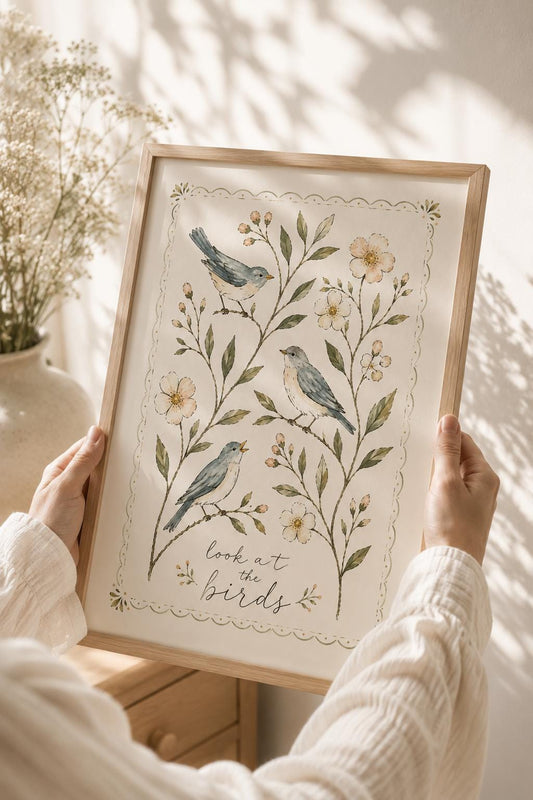 Look at the Birds Matthew 6:26 Christian art print with three blue birds, green branches and cream flowers