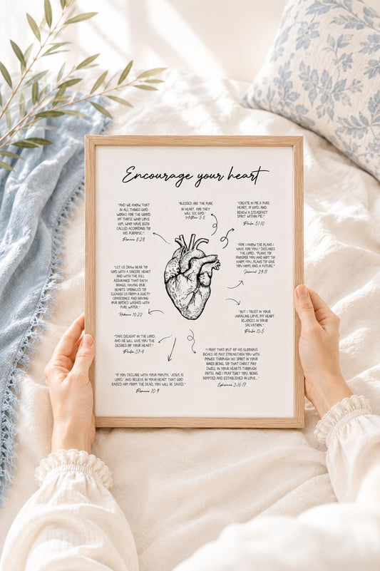 Encourage Your Heart English Christian art print with a black anatomical heart illustration, Scripture notes and arrows on a white background