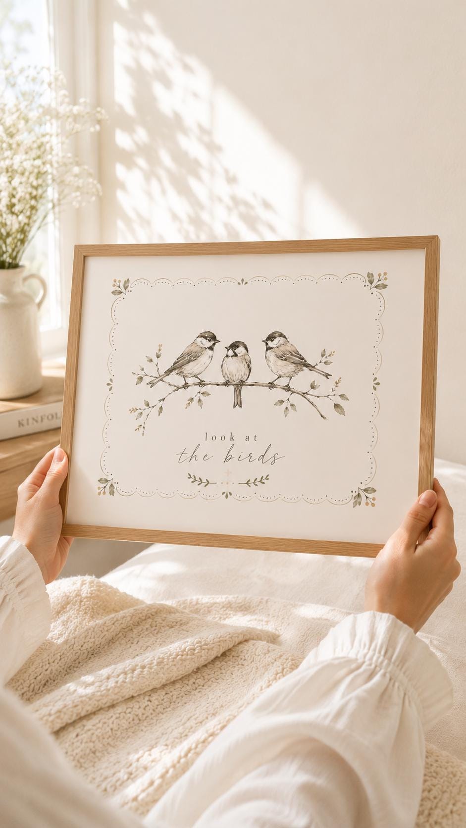 Look at the Birds Matthew 6:26 Christian art print with three songbirds on muted green botanical branches