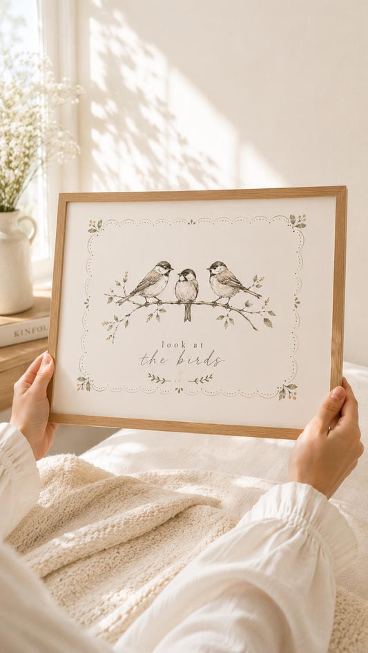 Look at the Birds Matthew 6:26 Christian art print with three songbirds on muted green botanical branches