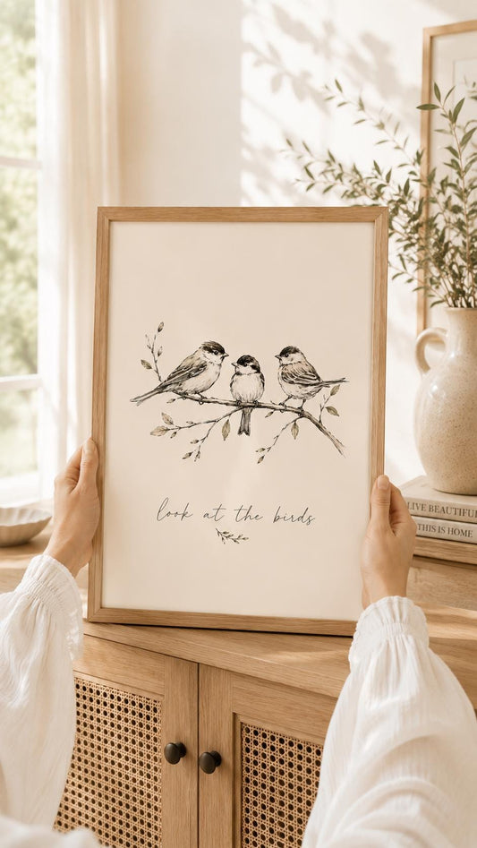 Look at the Birds Matthew 6:26 black and white Christian art print with three songbirds on a branch