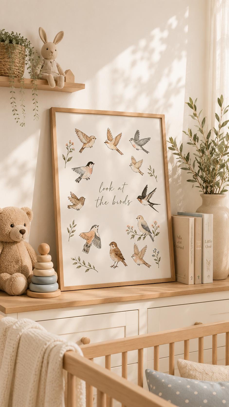 Look at the Birds Matthew 6:26 Christian nursery art print with colourful flying songbirds and botanical sprigs