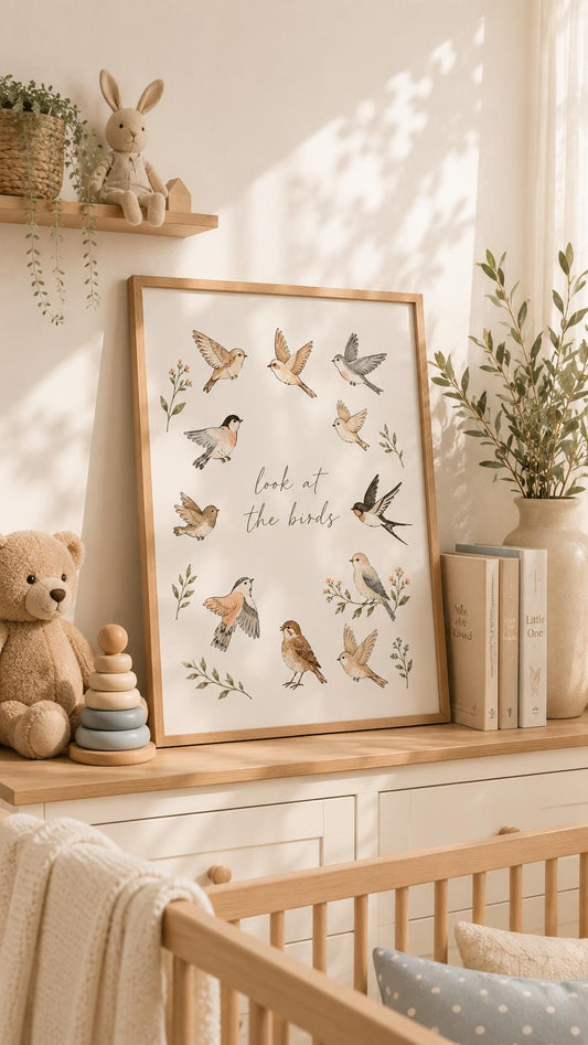 Look at the Birds Matthew 6:26 Christian nursery art print with colourful flying songbirds and botanical sprigs