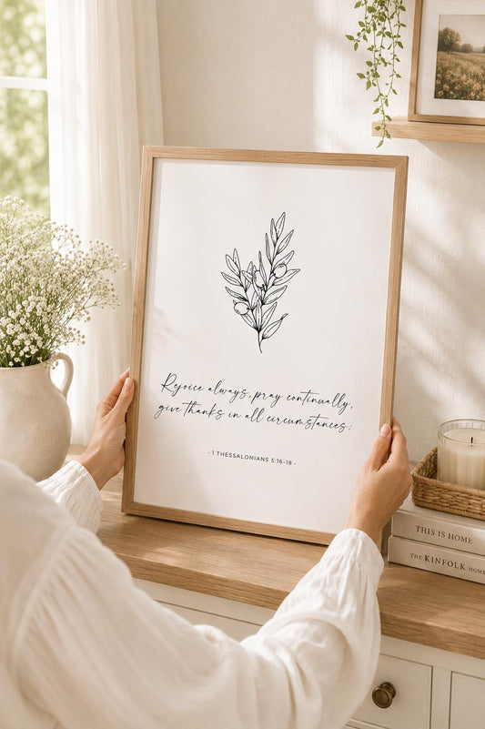 Rejoice Always 1 Thessalonians 5:16–18 English Christian art print with black botanical line art and script text on white