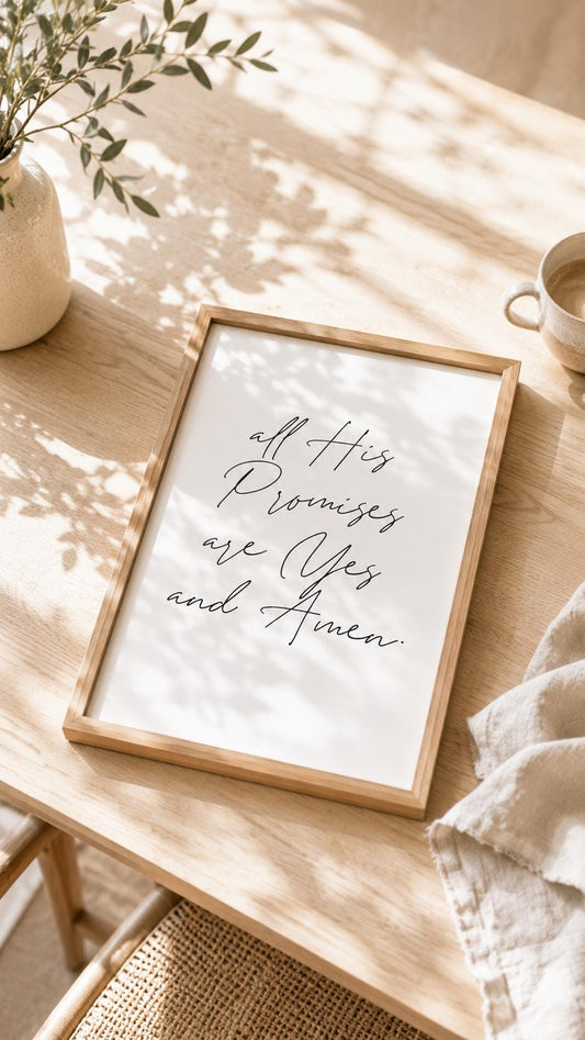 All His Promises Are Yes and Amen English Christian art print with black handwritten script on white