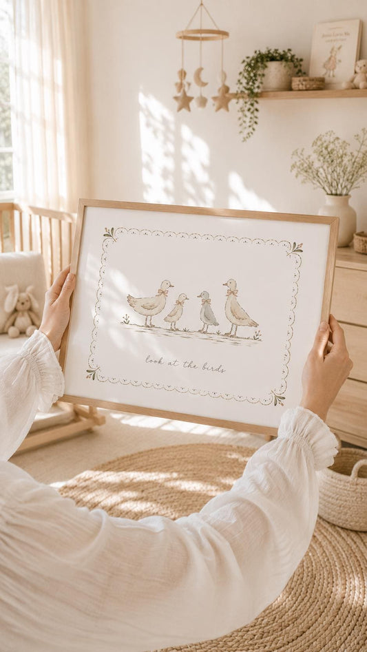 Look at the Birds Christian art print with four soft beige watercolor ducklings on a white background
