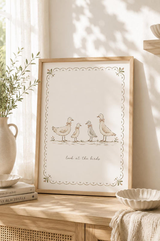 Look at the Birds Matthew 6:26 Christian nursery art print with a beige watercolor duck family