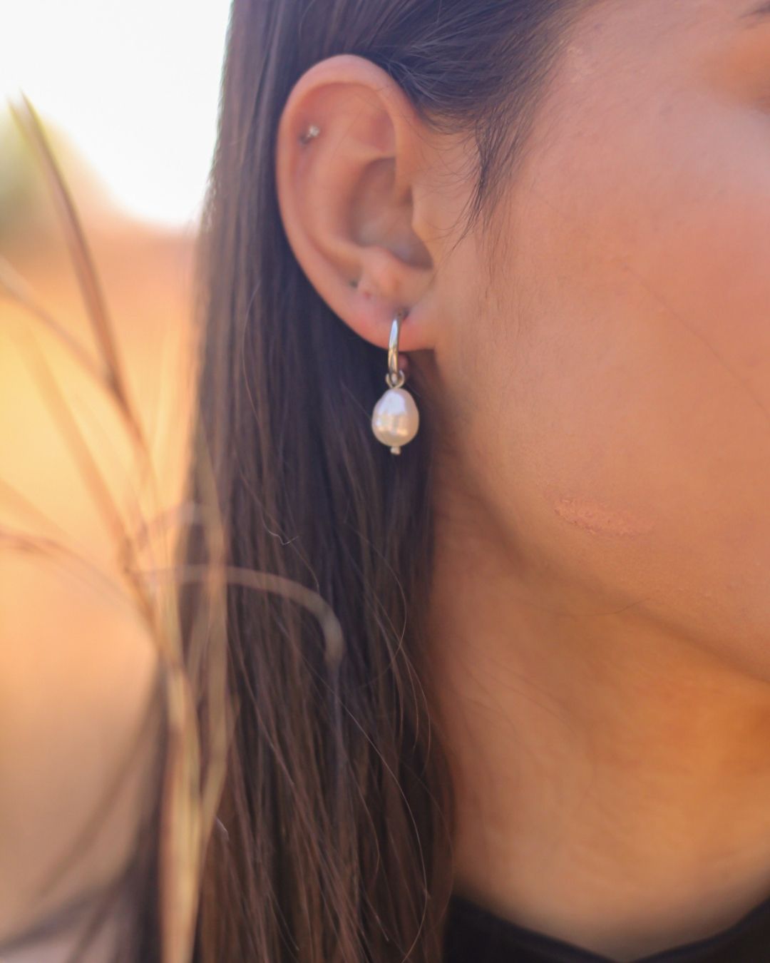 18k Gold Pearl Drop Half hoops