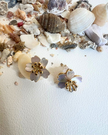 18k Gold Shell Sakura Flower Studs