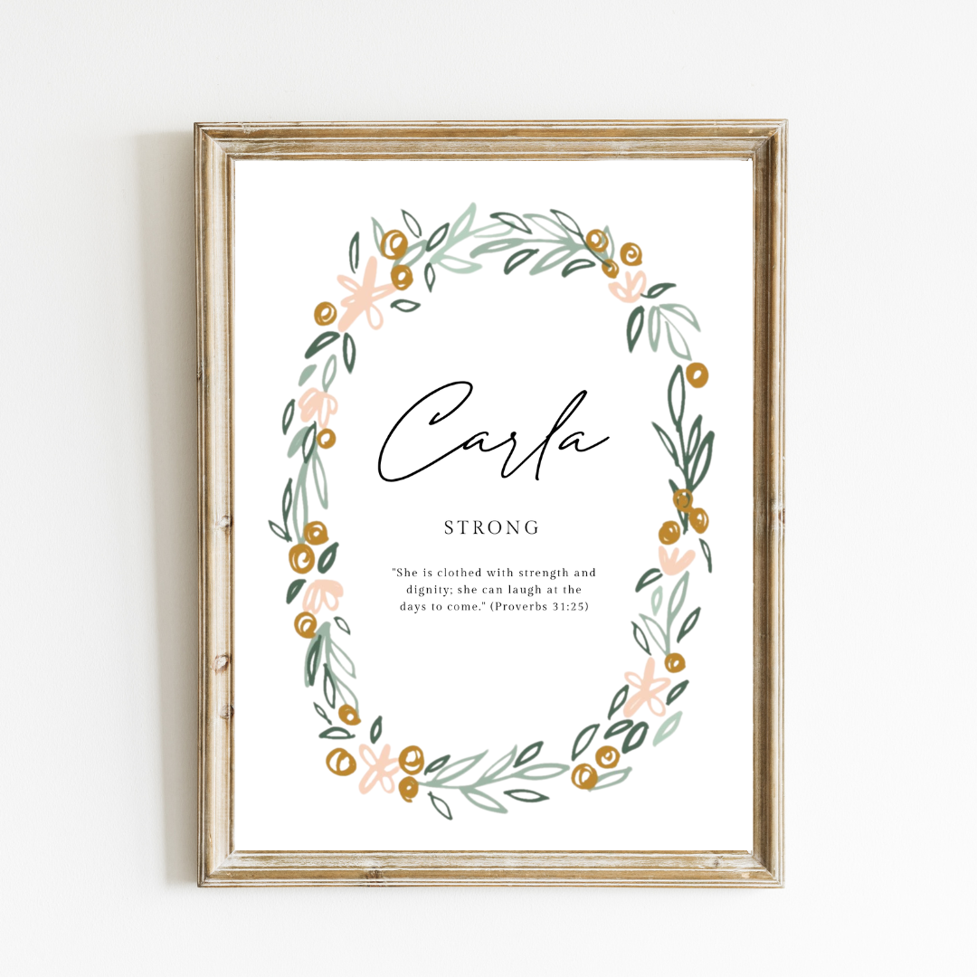 Personalized Name Meaning Art Print - Custom Floral Wreath Name Art
