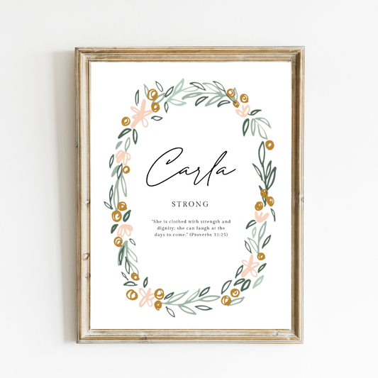 Personalized Name Meaning Art Print - Custom Floral Wreath Name Art