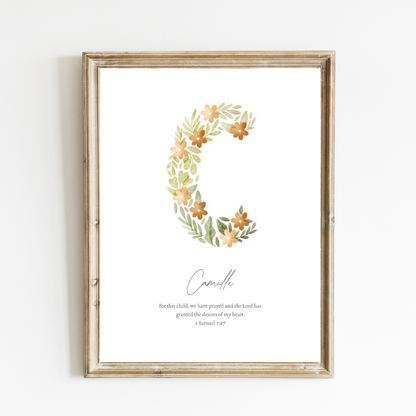 Personalized Name Art Print - Botanical Initial Print – Autumn Meadow