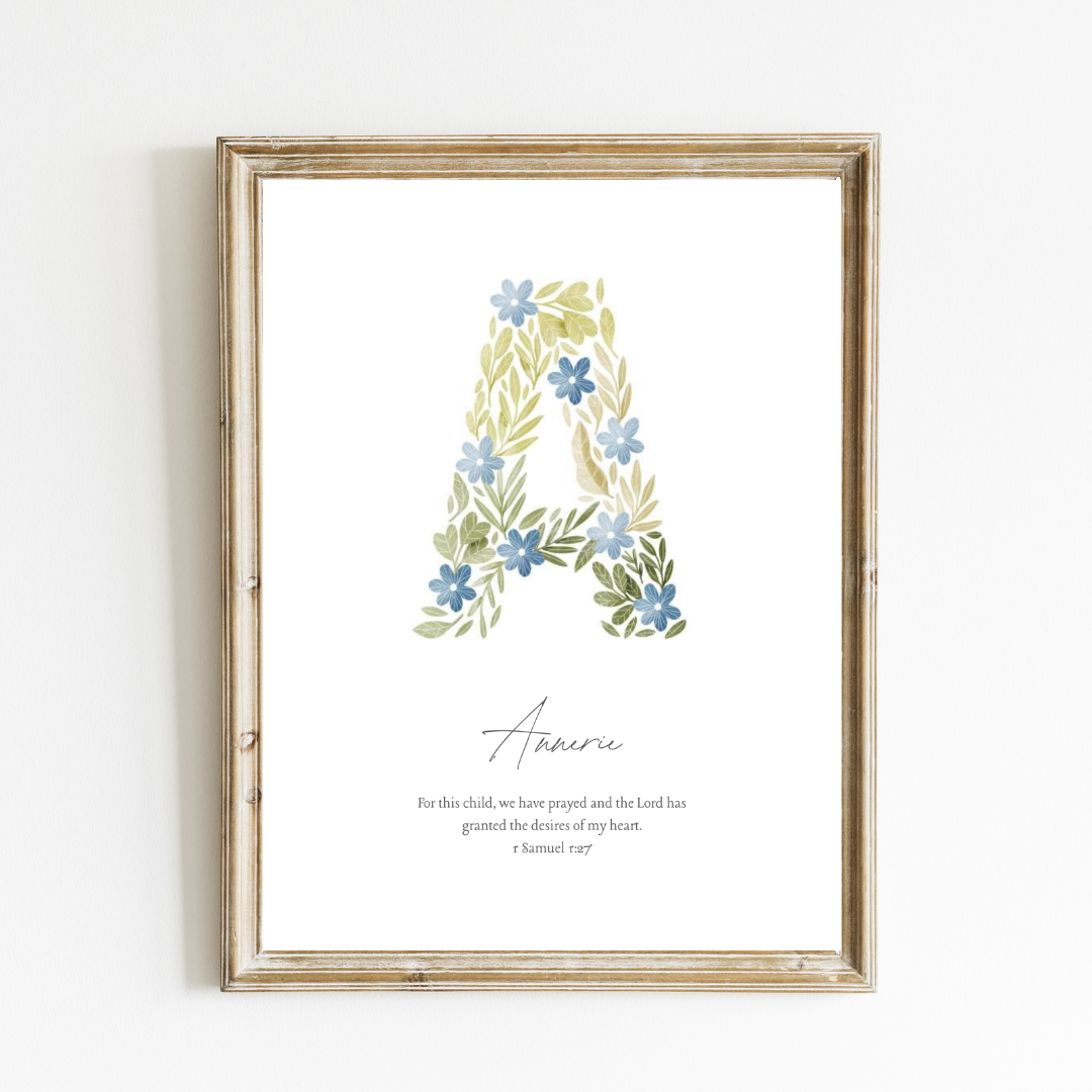 Personalized Name Art Print - Botanical Initial Print – Soft Sage