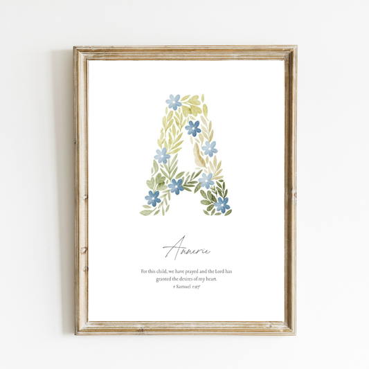 Personalized Name Art Print - Botanical Initial Print – Soft Sage