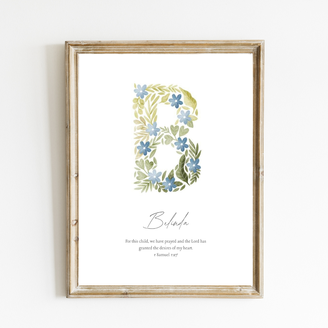Personalized Name Art Print - Botanical Initial Print – Soft Sage