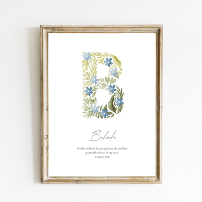 Personalized Name Art Print - Botanical Initial Print – Soft Sage