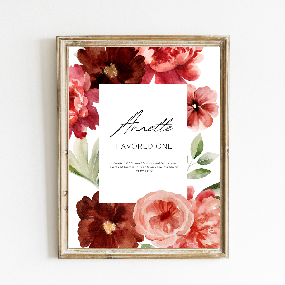Personalized Name Meaning Art Print - Red Flowers Name Meaning Art Print