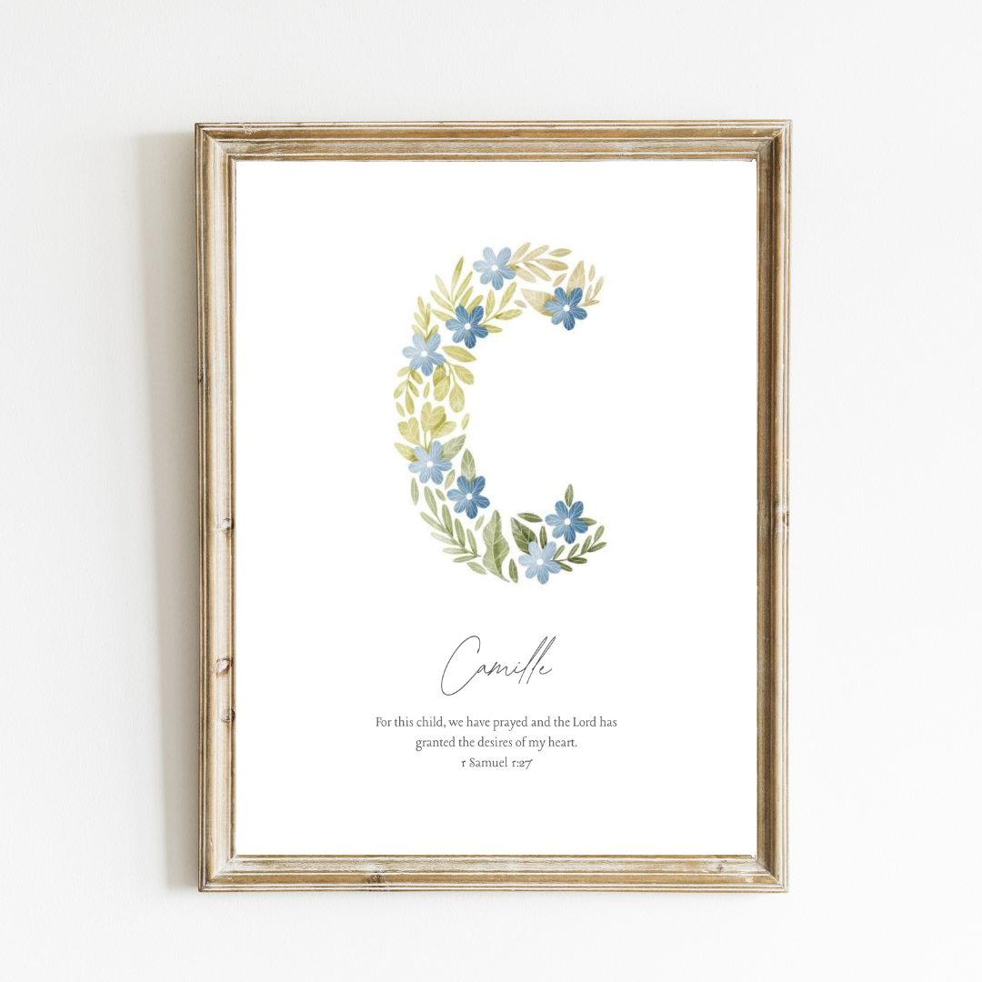 Personalized Name Art Print - Botanical Initial Print – Soft Sage