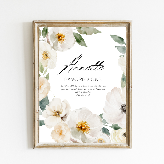 Personalized Name Meaning Art Print - White Flowers Name Meaning Art Print